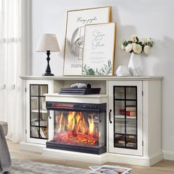 AMERLIFE 3-Sided Glass Fireplace TV Stand for TVs up to 65'' with 12 Color, Media Entertainment Center Console Table with Doors Closed Storage, Distre