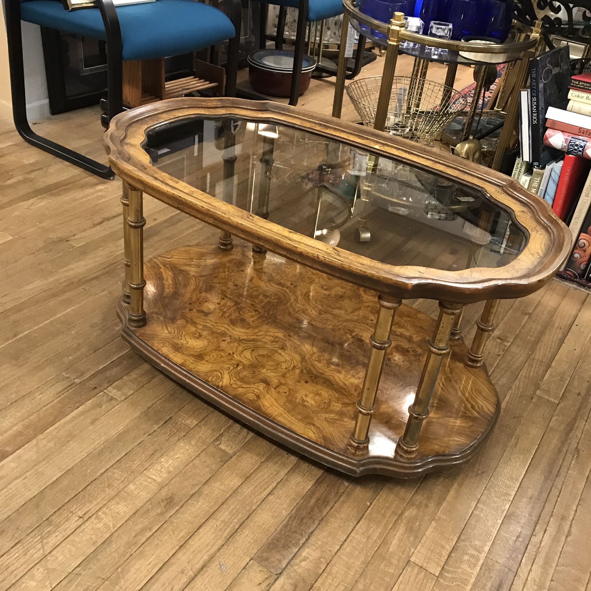 Mid Century Modern Drexel Et Cetera Burl Wood Brass Rolling Coffee Cocktail Table Server