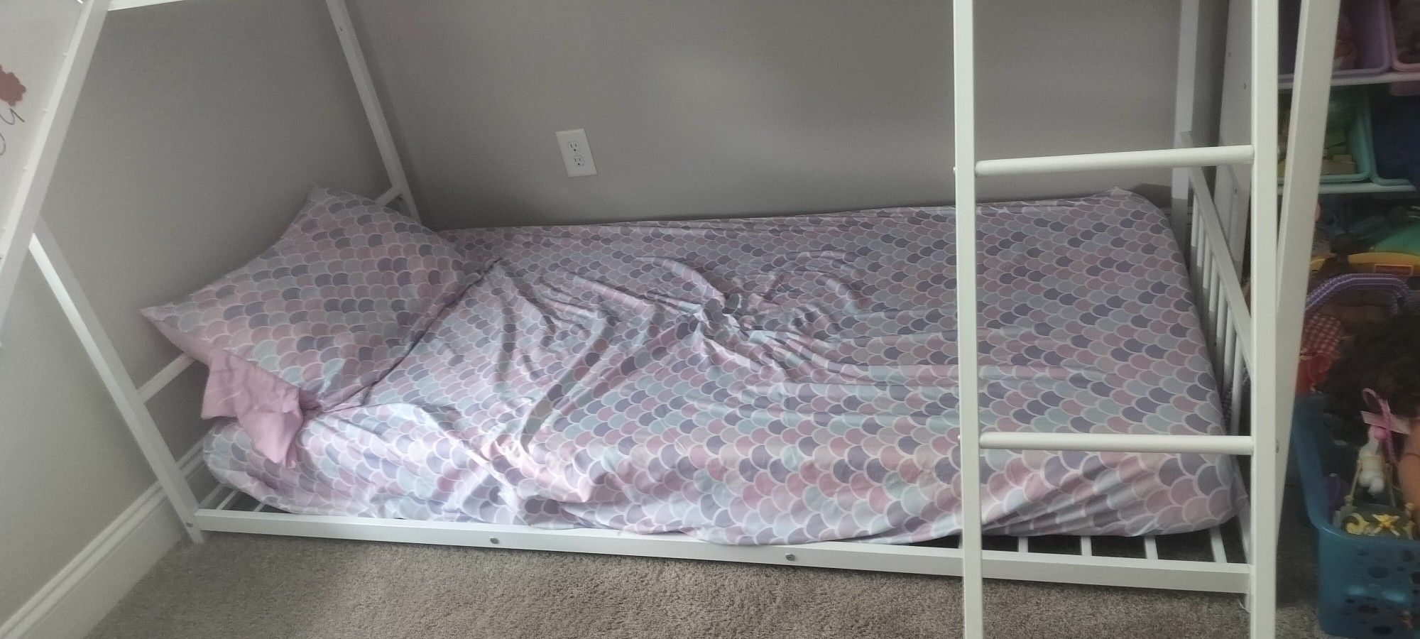 2 Mattress  + 2 Billows +  Metal Bunk Beds Twin Over Twin with Slide for Kids