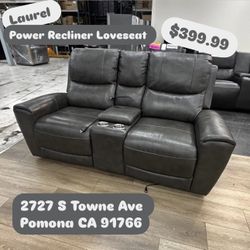 Laurel Gray Leather Power Reclining Loveseat 