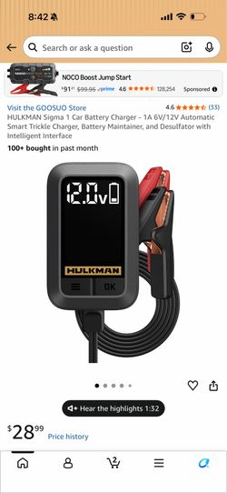 HULKMAN Sigma 1 Car Battery Charger - 1A 6V/12V Automatic Smart Trickle Charger, Battery Maintainer, and Desulfator with Intelligent Interface