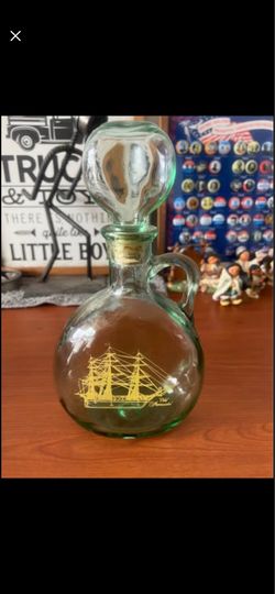 Vtg Old Fitzgerald Ironsides Ship Whiskey Decanter With Cork Stopper Green Glass