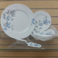 8pc Porcelain Cake / Dessert set ( NEW ) Plate. Spatula. kitchenware. Silver & blue