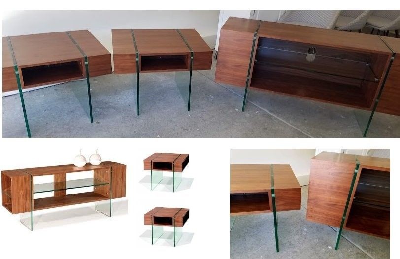 TV/console/media stand & two side/end table set (ultra contemporary walnut wood finish glass)