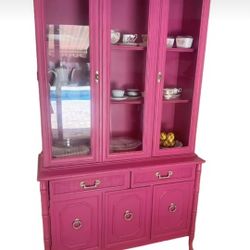 Faux bamboo Hollywood Regency style vintage Broyhill hutch china cabinet buffet