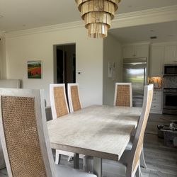 Light Stained Wood Dining Table With Metal Base 