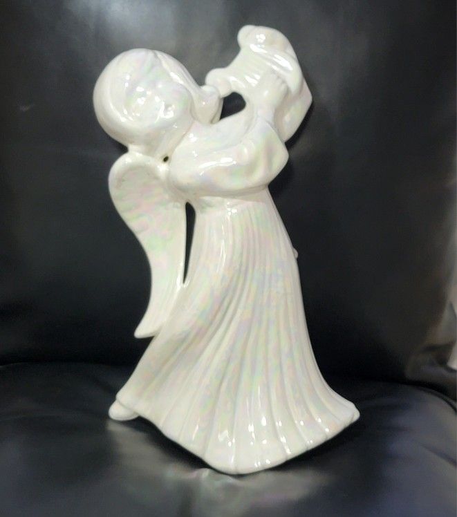 Vintage Collectible Angel Figurine Playing Lyre~Harp White Glossy Ceramic 12" H