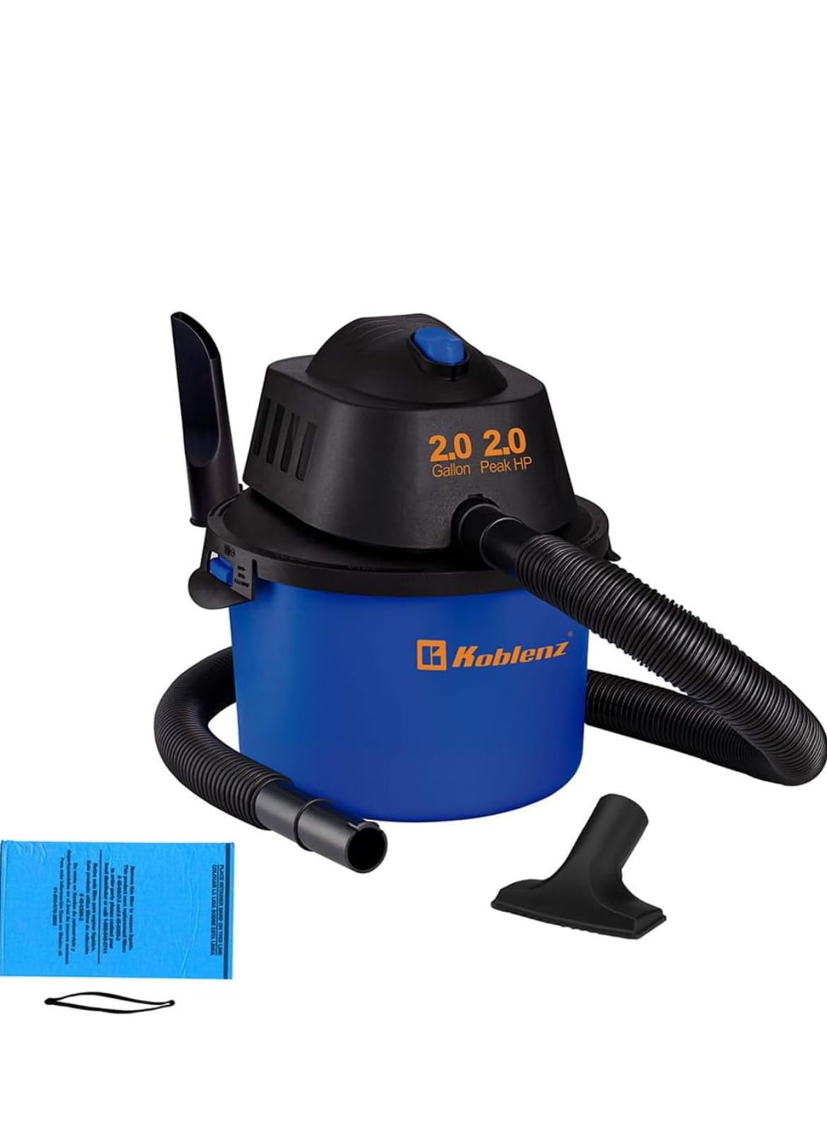 Koblenz WD-2L Portable Wet-Dry Vacuum, 2.0 Gallon/2.0HP Compact Lightweight, Blue+Black