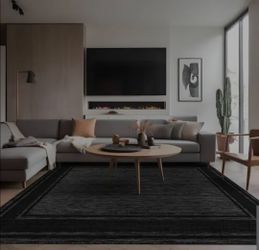 Black/Gray 5 x 7 ft. Bordered Easy to Clean Indoor Outdoor Area Rug