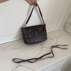 Quality Leather Brown And Teal Blue Purse - 2 Lengths Of Straps 