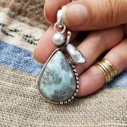 Silver Pendant With Natural Pearls And Larimar Stone