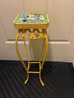 $35- Small Yellow Metal Plant Stand with Mosaic Tile Top