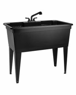 TEHILA 23.75 in. D x 39.5 in. W 37-Gallon Freestanding Laundry/Utility Sink in Black with Black Pull-Out Faucet