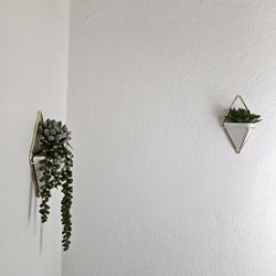 Pair Of Hanging Wall Decor White Ceramic Pots With Artificial Succulent Plants