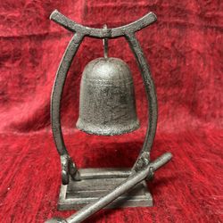 Vintage Decorative Iron Bell With  Holder And  Mallet. 