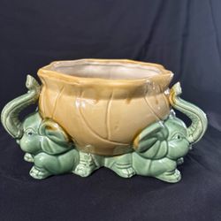 Vintage Majolica Style 3-Elephant and Pumpkin Ceramic Planter Bowl Kitsch Grandmillennial
