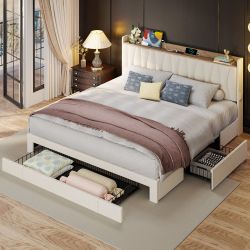 Brand New Queen Bed Frame +new Mattress – Storage & Charging Station