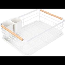 Modern Wood Handle Dish Rack and Drain Board, 16.5" x 12" x 5.5" Kitchen Plate Cup Dish Drying Rack