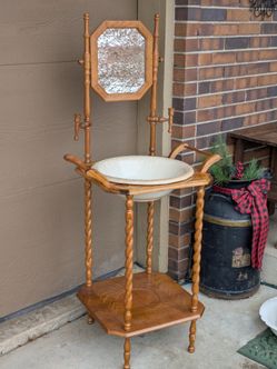Beautiful & Rare Antique Barley Twist CottageCore Victorian Wash Basin Mirror Candle Holders Wash Stand