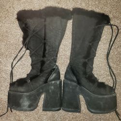 Used Demonia Black Boots Gogo Dance Faux Fur Suede Women's 