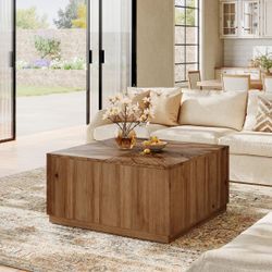 31.5" Solid Wood Coff-ee Ta-ble, Square C-enter C-ocktail T-able With Parquet Top