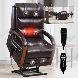 New Dual Motor Power Lift Recliner Sofa with Heat Massage and Solid Wood Armrests - Dark Brown