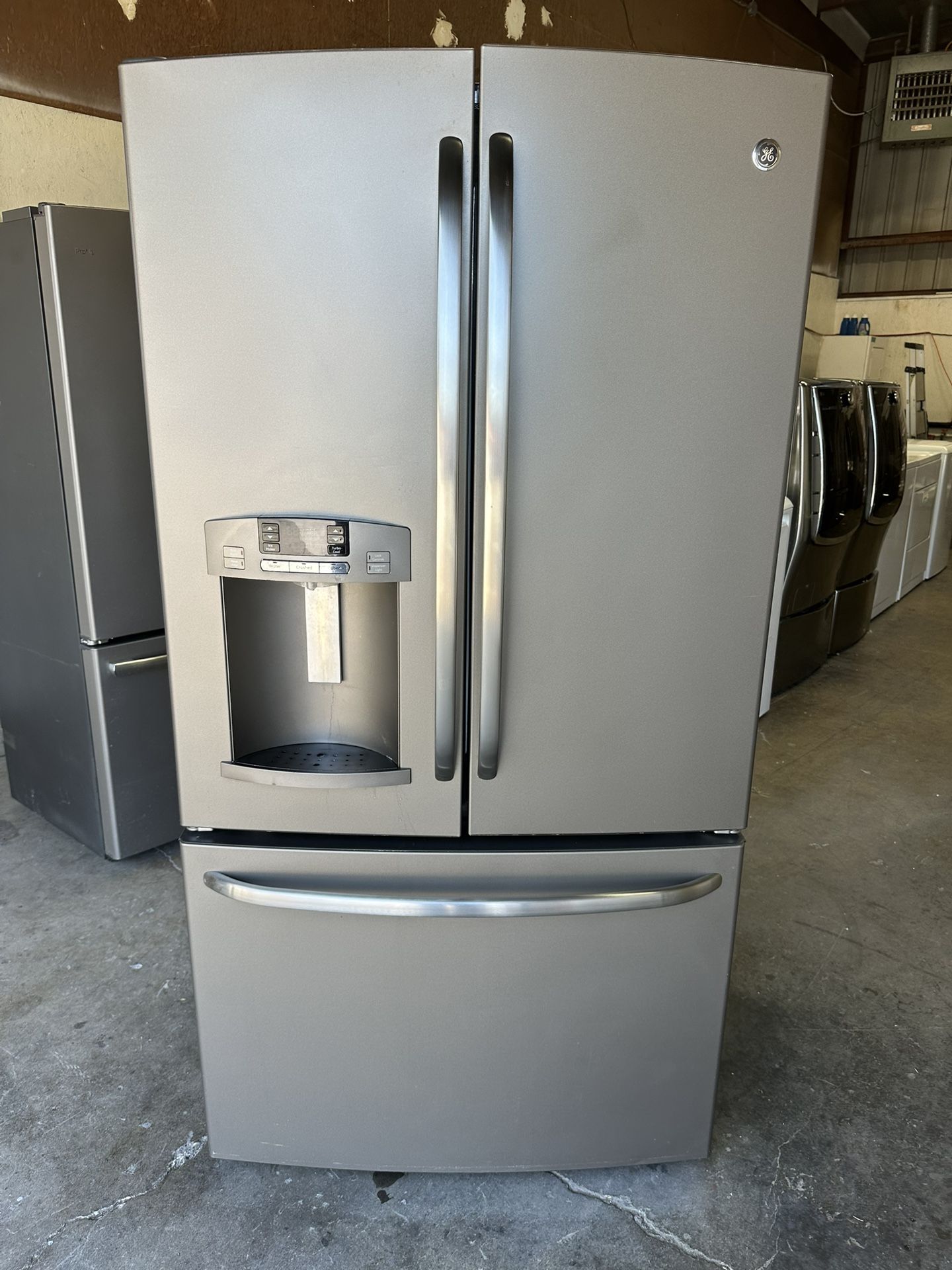 Full Size Slate Finish GE® 27.7 Cu.Ft. FrenchDoor water and 2 icemakers can deliver Dimensions: 69 7/8 H × 35 3/4 W x 36 1/4 D Retail for $2799