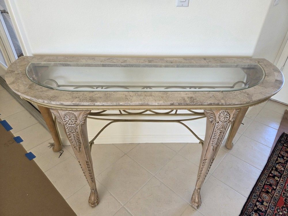 Console Entry Sofa Table with Glass Inlay and Carved Wood Legs