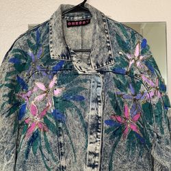 RARE VTG 80s WILD CHERRY Hand-Painted Rhinestone Denim Jacket LRG ~ Made In USA