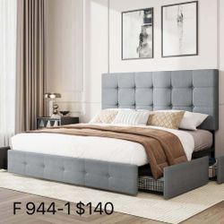 Full Size Platform Bed Frame with Headboard and 4 Storage Drawers, (944-1)