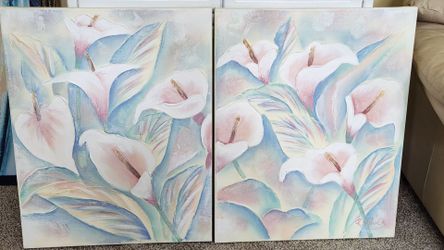 Vintage 80s original signed Oil painting flower 2pc-set
