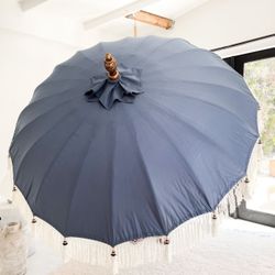 Balinese Bali Hand Made Patio, Pool, Deck, Lounging Umbrella with White Fringe Tassels - 6ft/3ft, Luxury Resort, Pop Up Events, Natural Bamboo