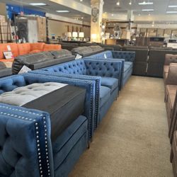 Velvet Sofa Loveseat & Chair (blue&grey Available) 