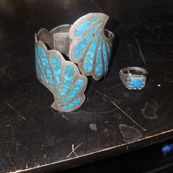 Vintage Taxco Sterling Silver Turquoise Inlay Hinged Bypass Cuff And Ring