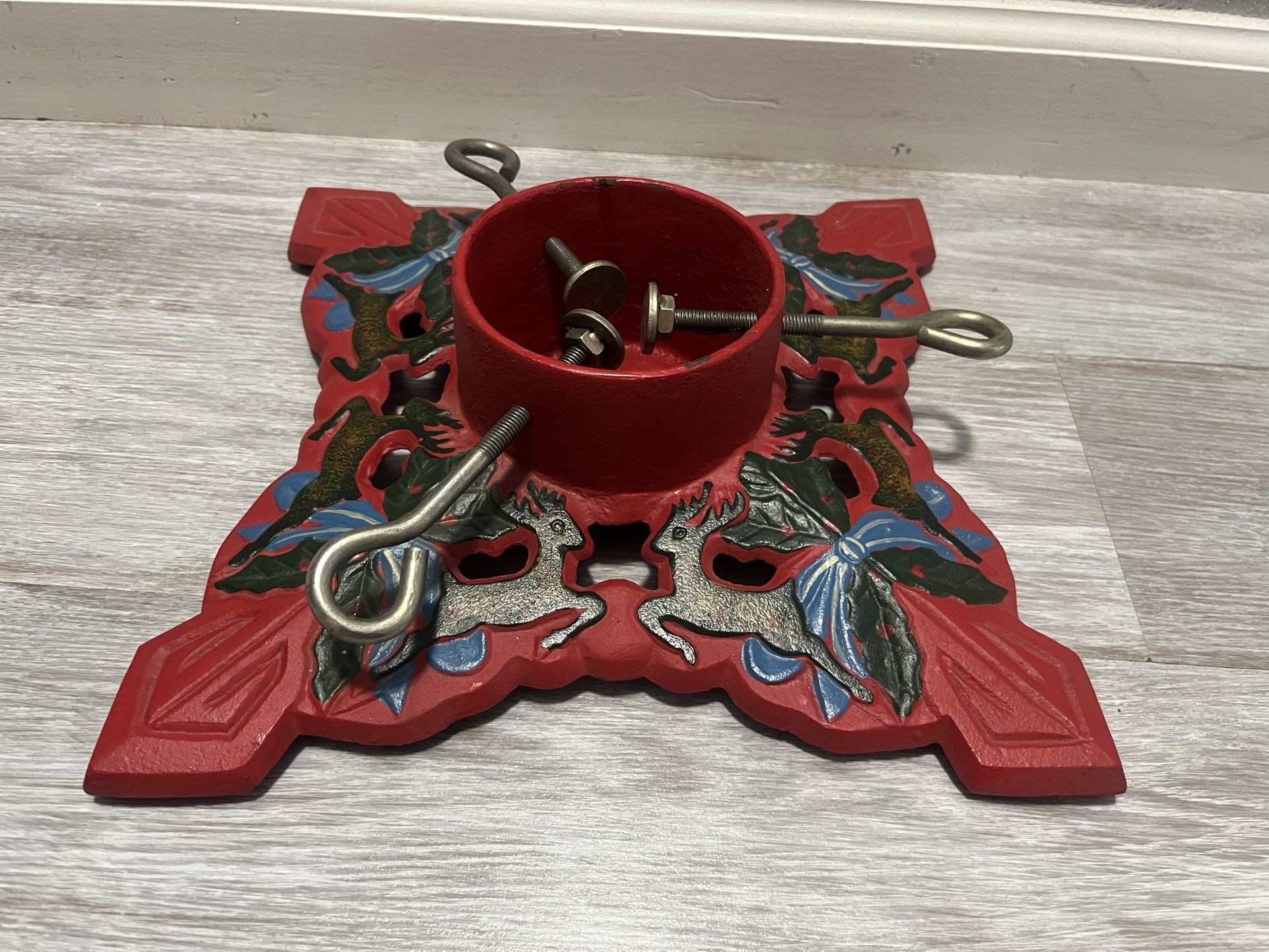 Vintage Cast Iron Christmas Tree Stand - 12" Wide with Holly and Reindeer Design