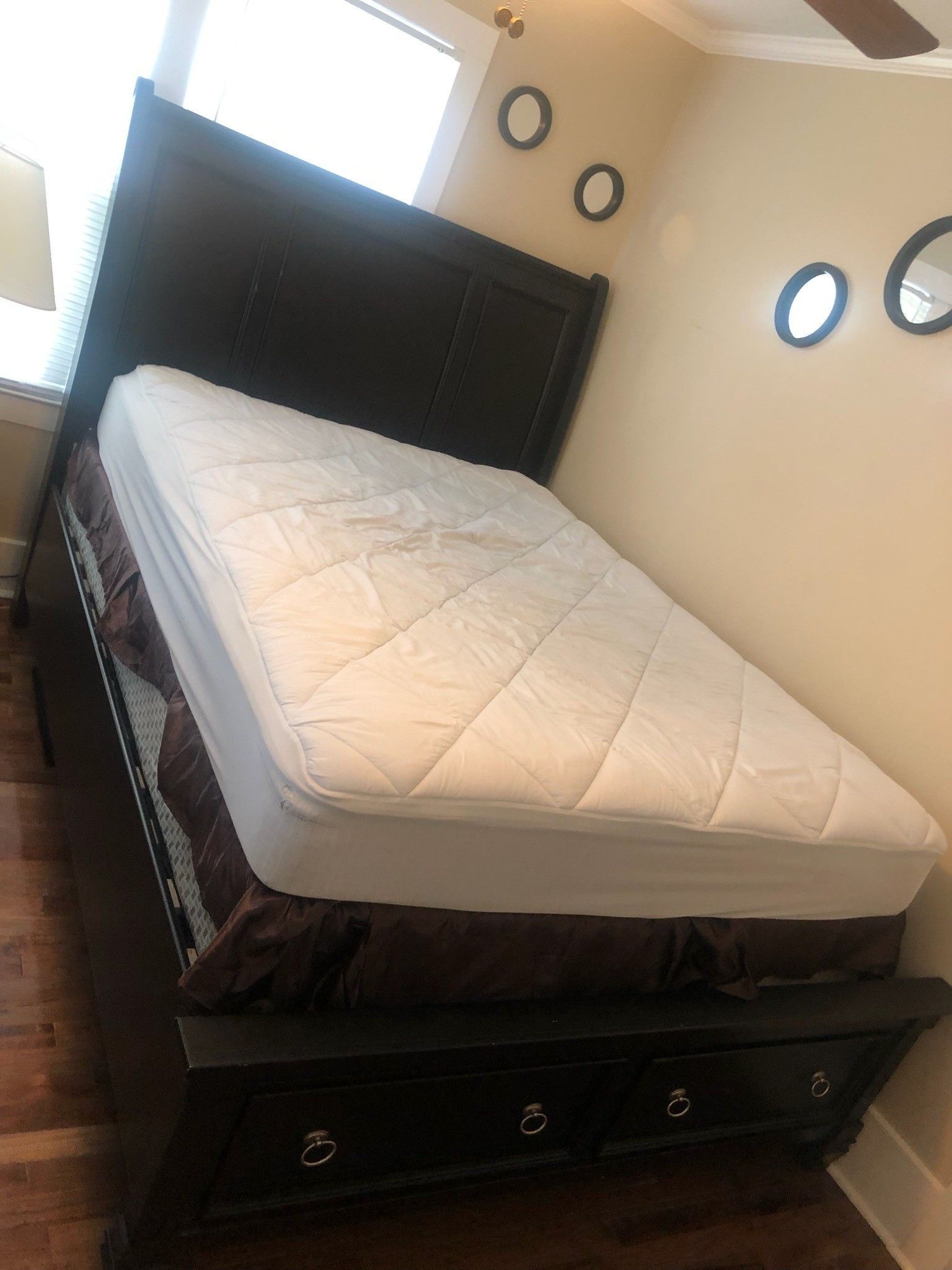 Queen Soild Wood bed with mattress and box spring.