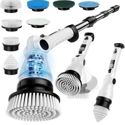 Electric Spin Scrubber – Cordless Power Cleaner with 8 Brush Heads, Long Adjustable Handle, 3 Speed for Deep Bathroom, Tile, Floor & Tub Cleaning