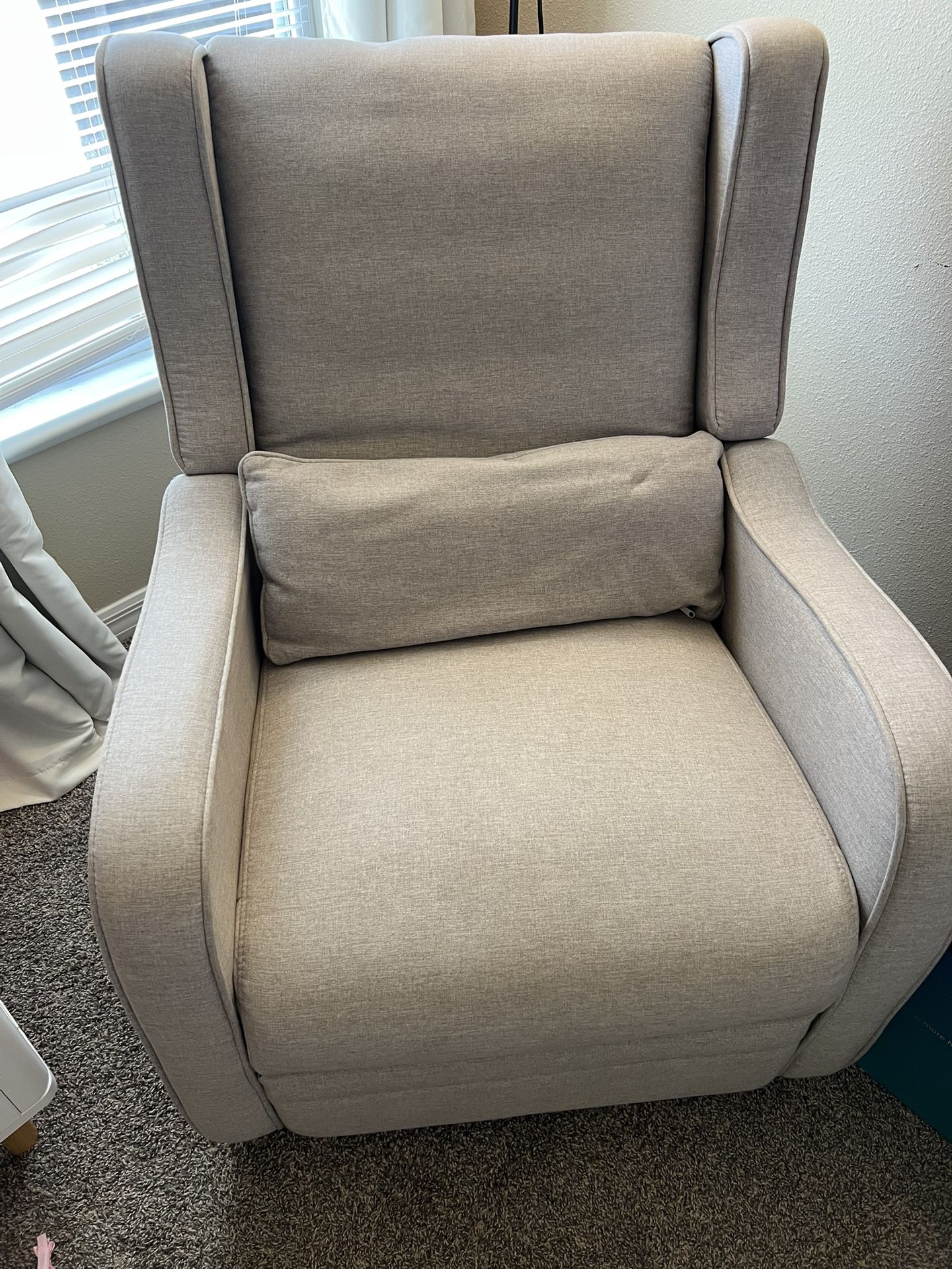 Gray nursery chair + reclines (if it’s up it’s available)
