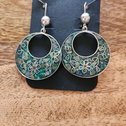 Vintage SS Turquoise Malachite Inlay Earrings