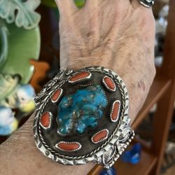 Vintage Sterling, Coral, And Turquoise Cuff Bracelet