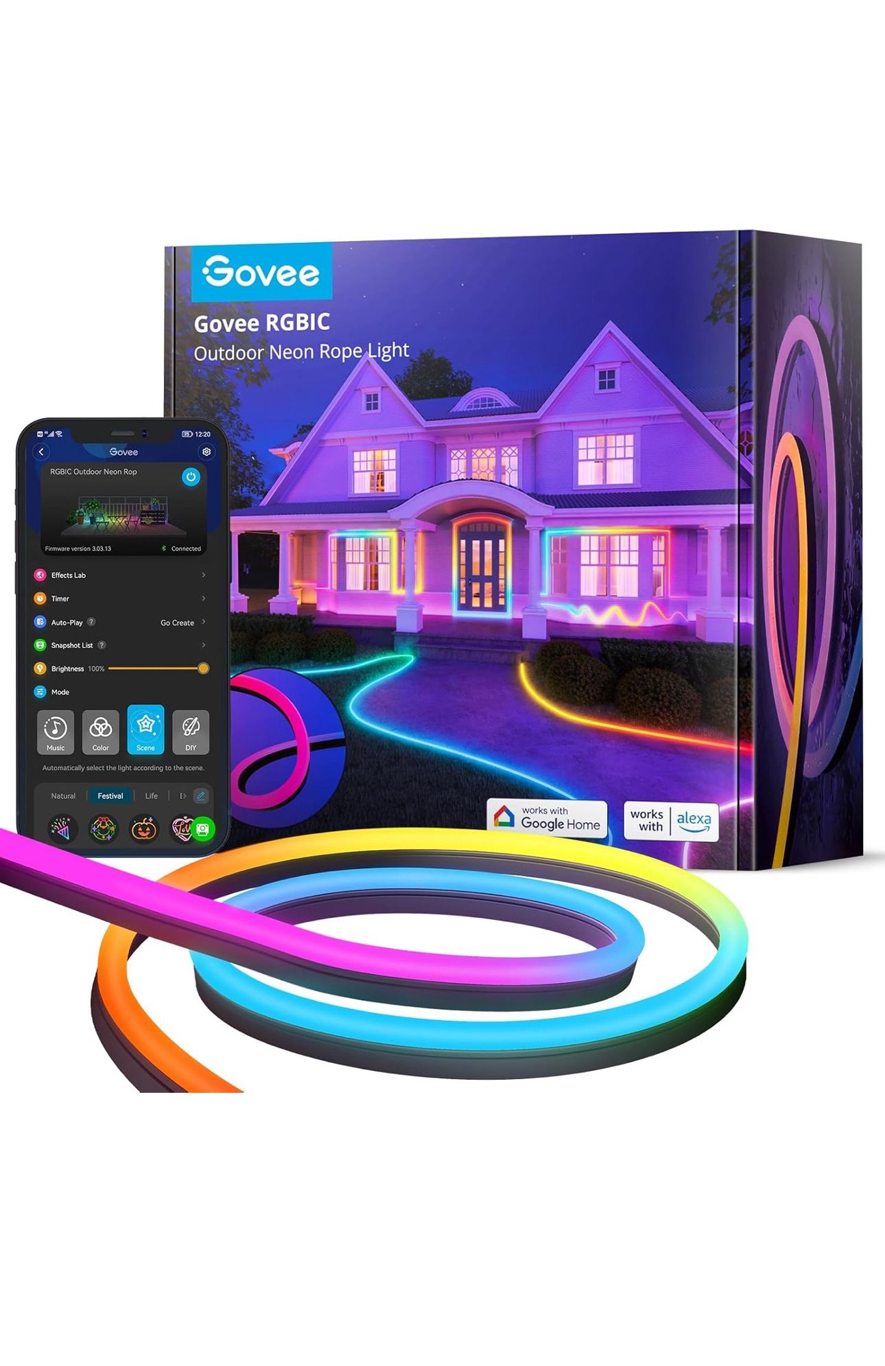 Neon Rope Lights, 32.8ft RGBIC IP67 Waterproof Patio Decorations with 64 Scene Modes, Music Sync, Flexible LED Outdoor Lights, Neon Lights Work with A