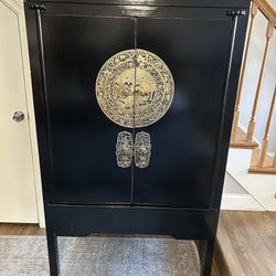 Antique Chinese Black Lacquer Wedding Cabinet With Brass Medallion