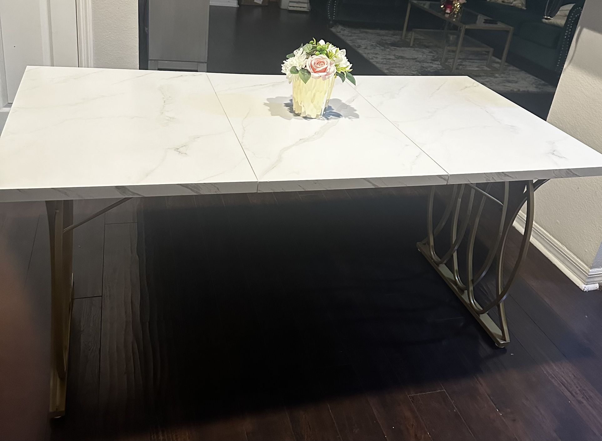 Marble-Top Dining Table with Gold Designer Base – Moving Sale!