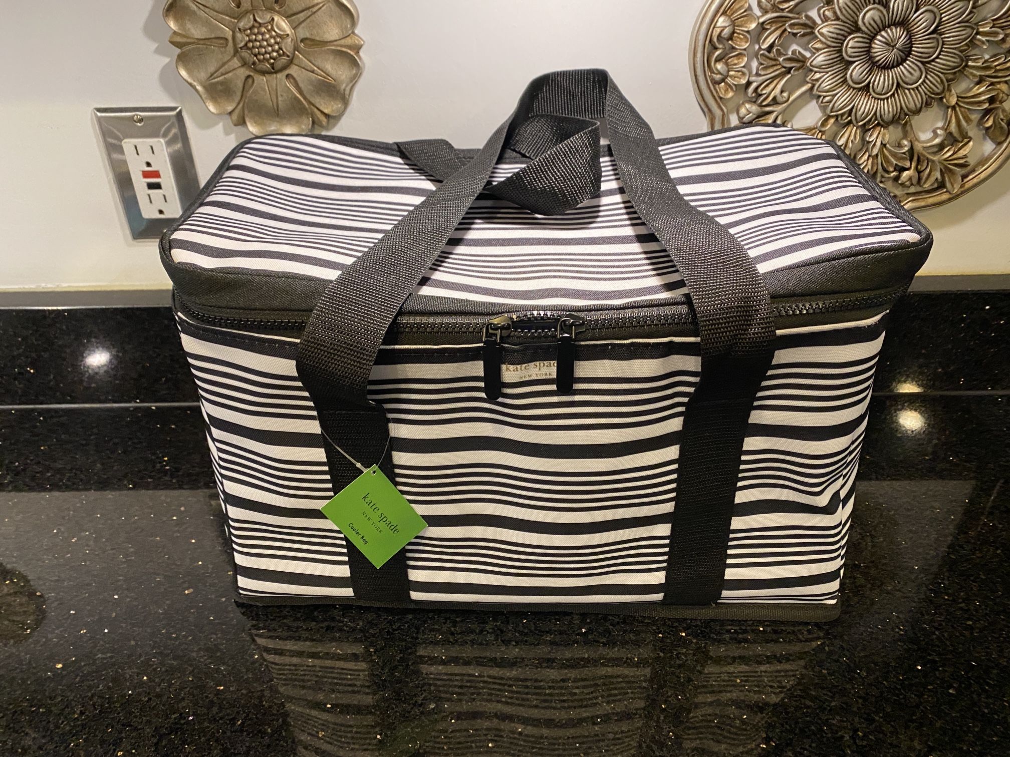 Kate Spade Insulated Cooler Bag in Black Stripes NEW 16L 8W 10H