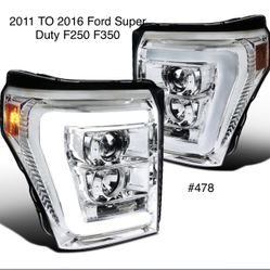 2011 TO 2016 Ford Super Duty F250 F350 F450 F550 LED DRL Tube Projector Headlights - Chrome