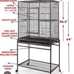 Large Flat Top Birdcage With Wheels And Extra Storage Shelf. 