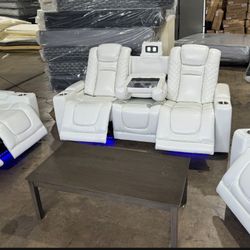 NEW 3pc WHITE POWER RECLINING SOFA LOVESEAT WITH RECLINER LED READING LIGHT STAINLESS CUP HOLDLERS LED LIGHTS 