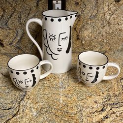 Adorable Pitcher And Two Ceramic Mugs 
