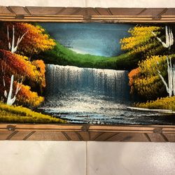 Vintage Black Velvet Painting Forest And Waterfall Scene 23” X 14”Signed
