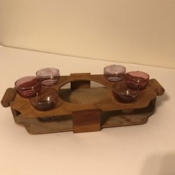 Vintage Tiki Style Drink Serving Tray w/ 6 Shot Glasses & Central Bottle Spot